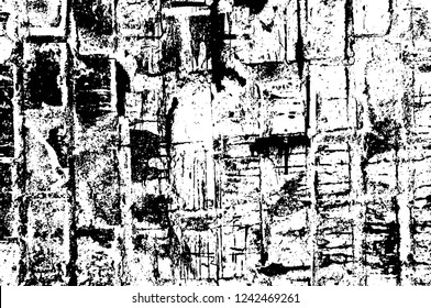 Grunge overlay layer. Abstract black and white vector background. Monochrome vintage surface with dirty pattern in cracks, spots, dots. Old wall in dark horror style design