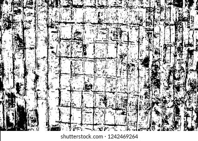 Grunge overlay layer. Abstract black and white vector background. Monochrome vintage surface with dirty pattern in cracks, spots, dots. Old wall in dark horror style design