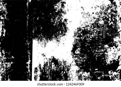 Grunge overlay layer. Abstract black and white vector background. Monochrome vintage surface with dirty pattern in cracks, spots, dots. Old wall in dark horror style design