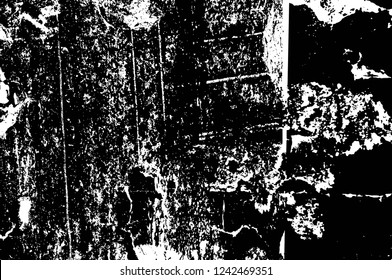 Grunge overlay layer. Abstract black and white vector background. Monochrome vintage surface with dirty pattern in cracks, spots, dots. Old wall in dark horror style design