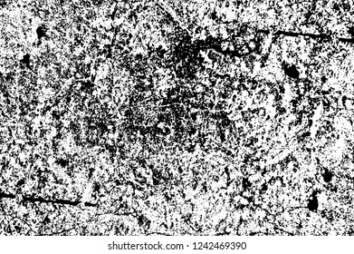 Grunge overlay layer. Abstract black and white vector background. Monochrome vintage surface with dirty pattern in cracks, spots, dots. Old wall in dark horror style design