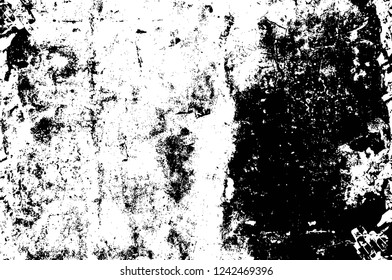 Grunge overlay layer. Abstract black and white vector background. Monochrome vintage surface with dirty pattern in cracks, spots, dots. Old wall in dark horror style design