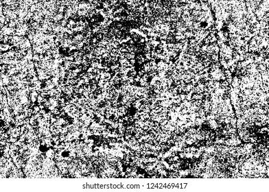 Grunge overlay layer. Abstract black and white vector background. Monochrome vintage surface with dirty pattern in cracks, spots, dots. Old wall in dark horror style design