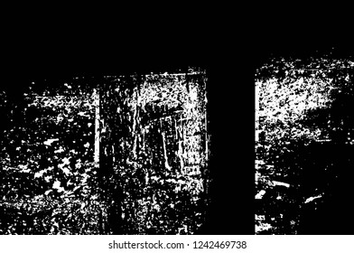 Grunge overlay layer. Abstract black and white vector background. Monochrome vintage surface with dirty pattern in cracks, spots, dots. Old wall in dark horror style design