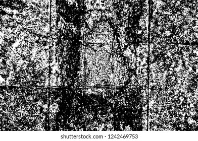 Grunge overlay layer. Abstract black and white vector background. Monochrome vintage surface with dirty pattern in cracks, spots, dots. Old wall in dark horror style design