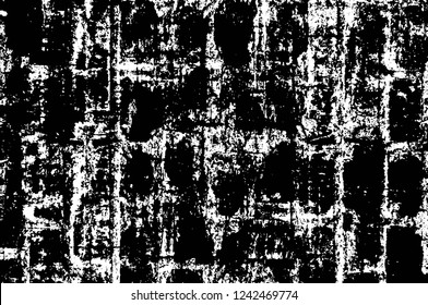 Grunge overlay layer. Abstract black and white vector background. Monochrome vintage surface with dirty pattern in cracks, spots, dots. Old wall in dark horror style design