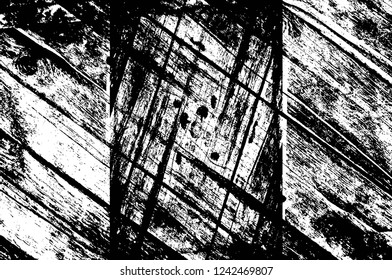 Grunge overlay layer. Abstract black and white vector background. Monochrome vintage surface with dirty pattern in cracks, spots, dots. Old wall in dark horror style design