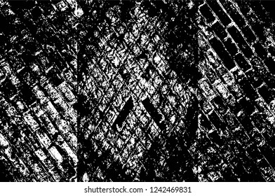 Grunge overlay layer. Abstract black and white vector background. Monochrome vintage surface with dirty pattern in cracks, spots, dots. Old wall in dark horror style design