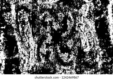 Grunge overlay layer. Abstract black and white vector background. Monochrome vintage surface with dirty pattern in cracks, spots, dots. Old wall in dark horror style design