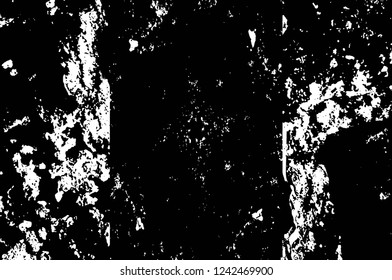 Grunge overlay layer. Abstract black and white vector background. Monochrome vintage surface with dirty pattern in cracks, spots, dots. Old wall in dark horror style design