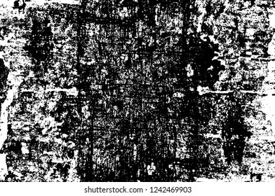 Grunge overlay layer. Abstract black and white vector background. Monochrome vintage surface with dirty pattern in cracks, spots, dots. Old wall in dark horror style design