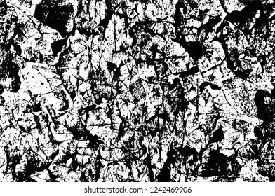 Grunge overlay layer. Abstract black and white vector background. Monochrome vintage surface with dirty pattern in cracks, spots, dots. Old wall in dark horror style design