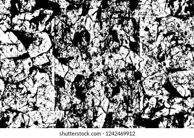 Grunge overlay layer. Abstract black and white vector background. Monochrome vintage surface with dirty pattern in cracks, spots, dots. Old wall in dark horror style design