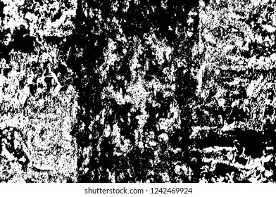 Grunge overlay layer. Abstract black and white vector background. Monochrome vintage surface with dirty pattern in cracks, spots, dots. Old wall in dark horror style design