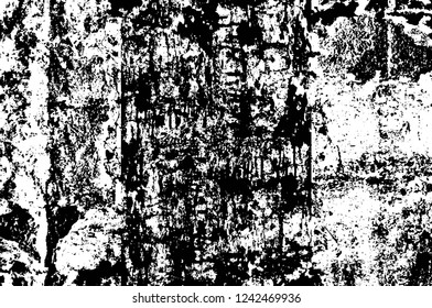 Grunge overlay layer. Abstract black and white vector background. Monochrome vintage surface with dirty pattern in cracks, spots, dots. Old wall in dark horror style design