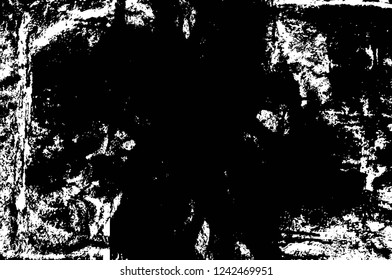 Grunge overlay layer. Abstract black and white vector background. Monochrome vintage surface with dirty pattern in cracks, spots, dots. Old wall in dark horror style design