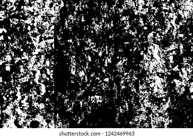 Grunge overlay layer. Abstract black and white vector background. Monochrome vintage surface with dirty pattern in cracks, spots, dots. Old wall in dark horror style design