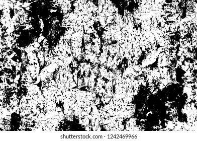 Grunge overlay layer. Abstract black and white vector background. Monochrome vintage surface with dirty pattern in cracks, spots, dots. Old wall in dark horror style design