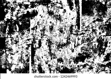 Grunge overlay layer. Abstract black and white vector background. Monochrome vintage surface with dirty pattern in cracks, spots, dots. Old wall in dark horror style design