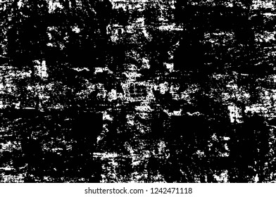 Grunge overlay layer. Abstract black and white vector background. Monochrome vintage surface with dirty pattern in cracks, spots, dots. Old wall in dark horror style design