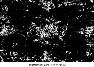 Grunge overlay layer. Abstract black and white vector background. Monochrome vintage surface with dirty pattern in cracks, spots, dots. Old wall in dark horror style design