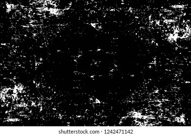 Grunge overlay layer. Abstract black and white vector background. Monochrome vintage surface with dirty pattern in cracks, spots, dots. Old wall in dark horror style design