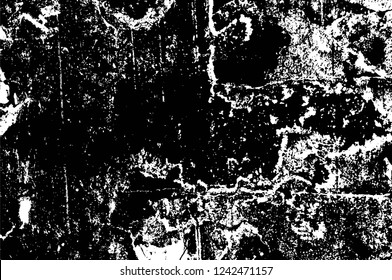 Grunge overlay layer. Abstract black and white vector background. Monochrome vintage surface with dirty pattern in cracks, spots, dots. Old wall in dark horror style design