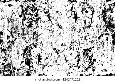 Grunge overlay layer. Abstract black and white vector background. Monochrome vintage surface with dirty pattern in cracks, spots, dots. Old wall in dark horror style design