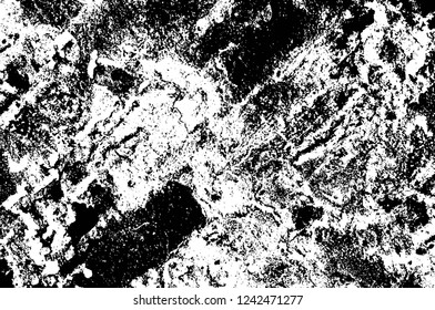 Grunge overlay layer. Abstract black and white vector background. Monochrome vintage surface with dirty pattern in cracks, spots, dots. Old wall in dark horror style design