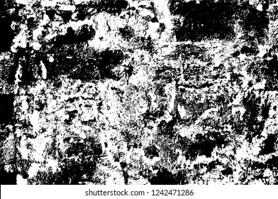 Grunge overlay layer. Abstract black and white vector background. Monochrome vintage surface with dirty pattern in cracks, spots, dots. Old wall in dark horror style design
