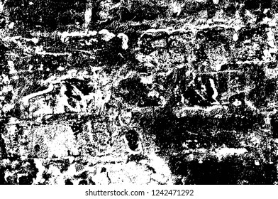 Grunge overlay layer. Abstract black and white vector background. Monochrome vintage surface with dirty pattern in cracks, spots, dots. Old wall in dark horror style design