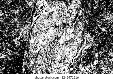 Grunge overlay layer. Abstract black and white vector background. Monochrome vintage surface with dirty pattern in cracks, spots, dots. Old wall in dark horror style design