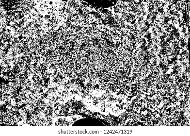 Grunge overlay layer. Abstract black and white vector background. Monochrome vintage surface with dirty pattern in cracks, spots, dots. Old wall in dark horror style design