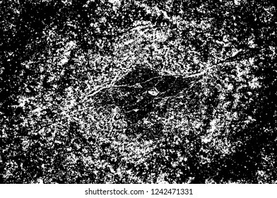Grunge overlay layer. Abstract black and white vector background. Monochrome vintage surface with dirty pattern in cracks, spots, dots. Old wall in dark horror style design
