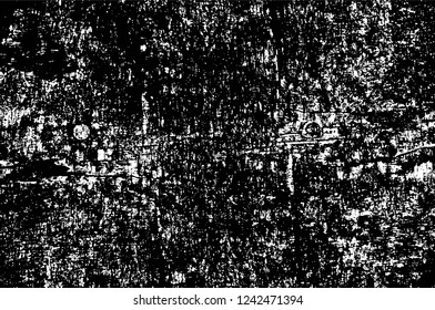 Grunge overlay layer. Abstract black and white vector background. Monochrome vintage surface with dirty pattern in cracks, spots, dots. Old wall in dark horror style design