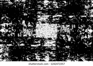 Grunge overlay layer. Abstract black and white vector background. Monochrome vintage surface with dirty pattern in cracks, spots, dots. Old wall in dark horror style design