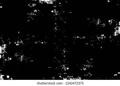 Grunge overlay layer. Abstract black and white vector background. Monochrome vintage surface with dirty pattern in cracks, spots, dots. Old wall in dark horror style design