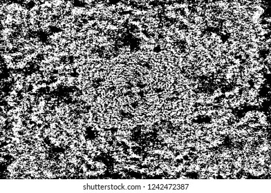 Grunge overlay layer. Abstract black and white vector background. Monochrome vintage surface with dirty pattern in cracks, spots, dots. Old wall in dark horror style design