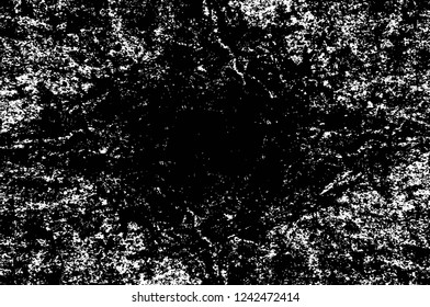 Grunge overlay layer. Abstract black and white vector background. Monochrome vintage surface with dirty pattern in cracks, spots, dots. Old wall in dark horror style design
