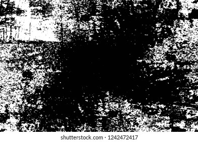 Grunge overlay layer. Abstract black and white vector background. Monochrome vintage surface with dirty pattern in cracks, spots, dots. Old wall in dark horror style design