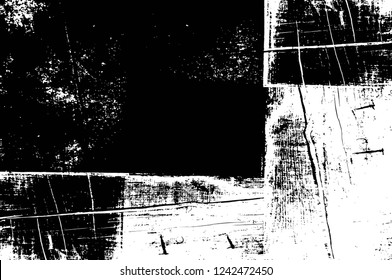 Grunge overlay layer. Abstract black and white vector background. Monochrome vintage surface with dirty pattern in cracks, spots, dots. Old wall in dark horror style design
