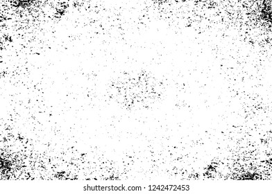 Grunge overlay layer. Abstract black and white vector background. Monochrome vintage surface with dirty pattern in cracks, spots, dots. Old wall in dark horror style design