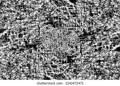 Grunge overlay layer. Abstract black and white vector background. Monochrome vintage surface with dirty pattern in cracks, spots, dots. Old wall in dark horror style design