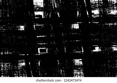 Grunge overlay layer. Abstract black and white vector background. Monochrome vintage surface with dirty pattern in cracks, spots, dots. Old wall in dark horror style design