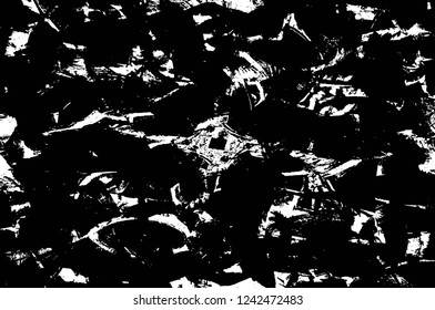 Grunge overlay layer. Abstract black and white vector background. Monochrome vintage surface with dirty pattern in cracks, spots, dots. Old wall in dark horror style design
