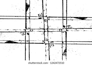 Grunge overlay layer. Abstract black and white vector background. Monochrome vintage surface with dirty pattern in cracks, spots, dots. Old wall in dark horror style design