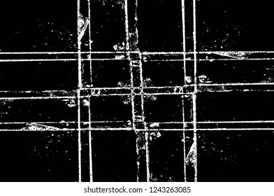 Grunge overlay layer. Abstract black and white vector background. Monochrome vintage surface with dirty pattern in cracks, spots, dots. Old wall in dark horror style design
