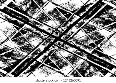 Grunge overlay layer. Abstract black and white vector background. Monochrome vintage surface with dirty pattern in cracks, spots, dots. Old wall in dark horror style design