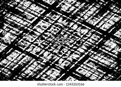 Grunge overlay layer. Abstract black and white vector background. Monochrome vintage surface with dirty pattern in cracks, spots, dots. Old wall in dark horror style design