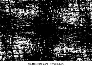Grunge overlay layer. Abstract black and white vector background. Monochrome vintage surface with dirty pattern in cracks, spots, dots. Old wall in dark horror style design